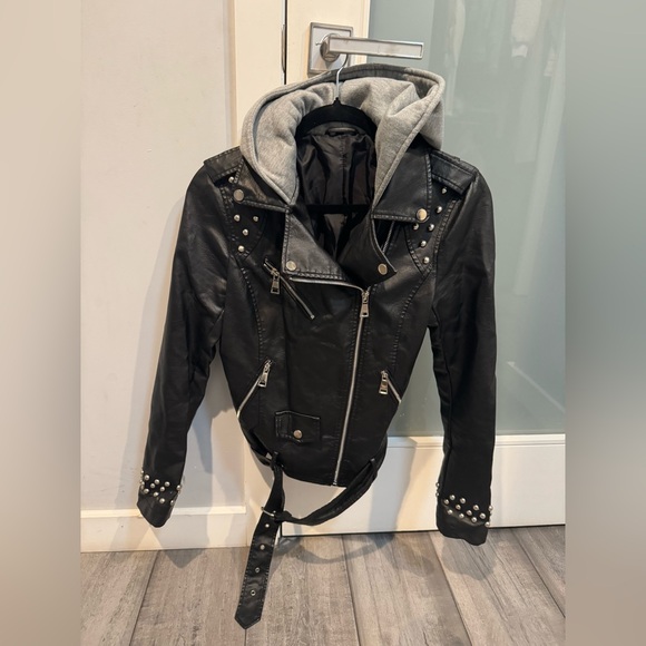 Faux Leather Biker Jacket with studs (with detachable hoodie). Size small. - Picture 4 of 8